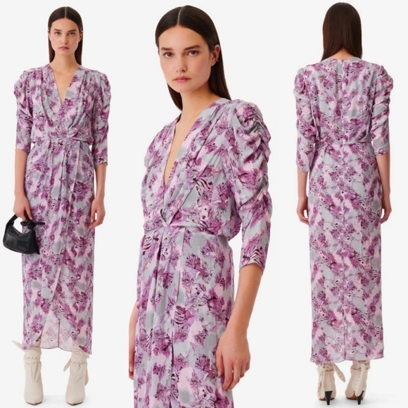 New IRO PARIS Opara Printed Crepe Purple/Grey Long Maxi Dress NWT 34 FR/2 US/XS - Picture 1 of 16